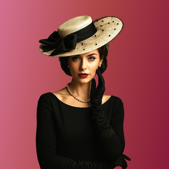 VNTG Theatrical Glamourous Flat Crown Veil Overlay Woven Straw-like Boater Hat - Picture 2 of 7